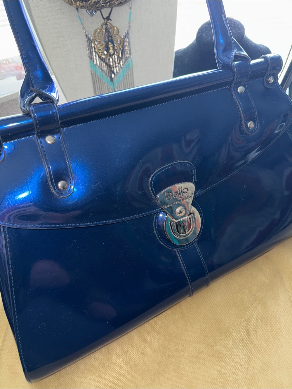 Beijo Navy Patent Satchel with Silver-Tone Lock Matching Wallet
